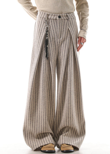 French Khaki Striped Pockets High Waist Woolen Pants Fall