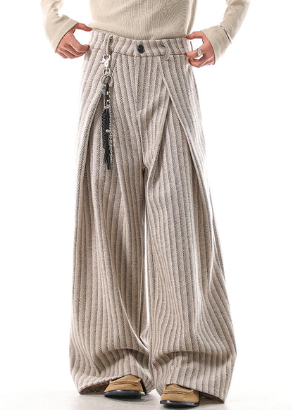French Khaki Striped Pockets High Waist Woolen Pants Fall