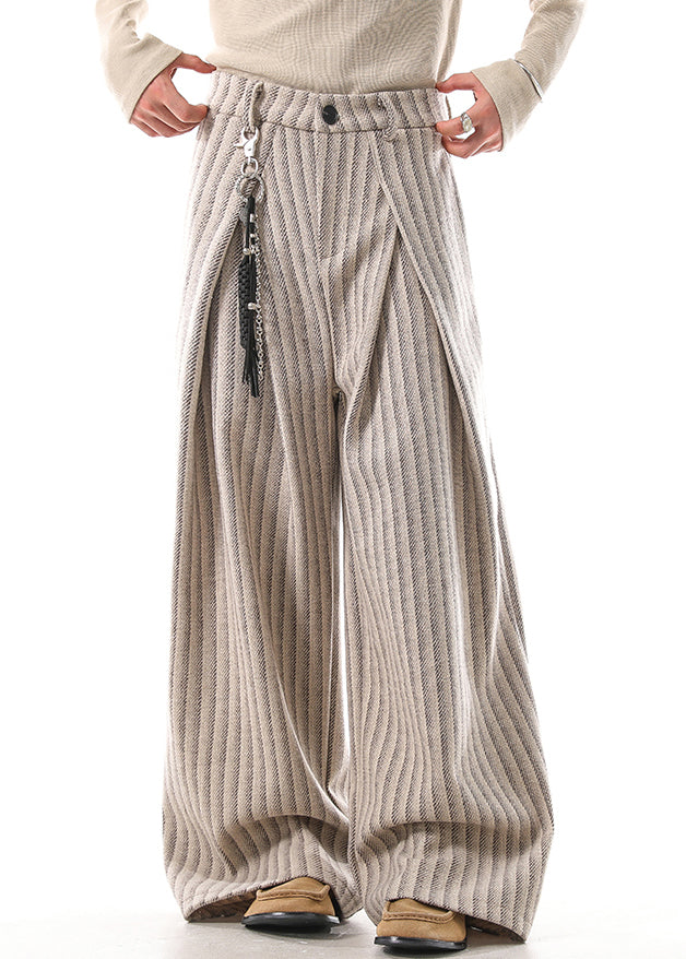 French Khaki Striped Pockets High Waist Woolen Pants Fall