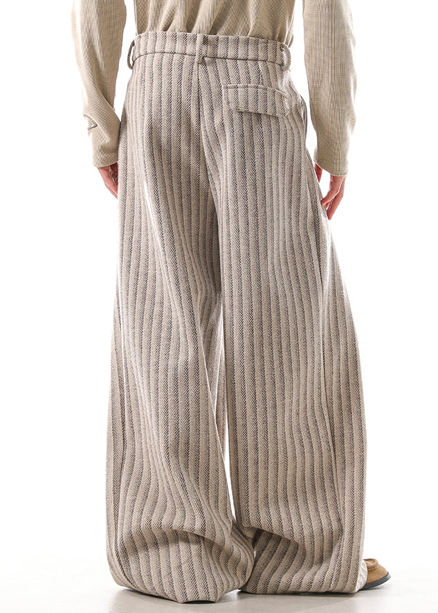French Khaki Striped Pockets High Waist Woolen Pants Fall