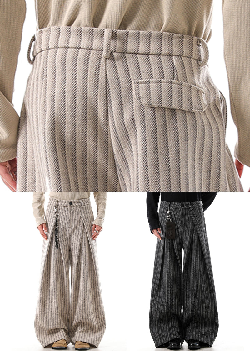 French Khaki Striped Pockets High Waist Woolen Pants Fall
