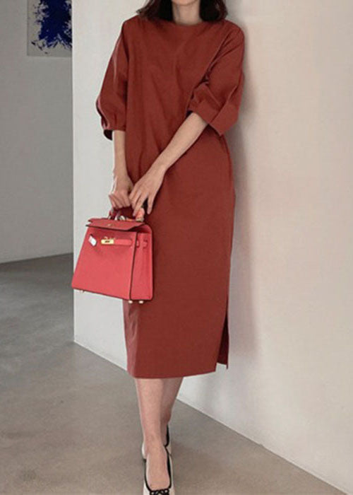 French Khaki Side Open Cotton Dress Half Sleeve