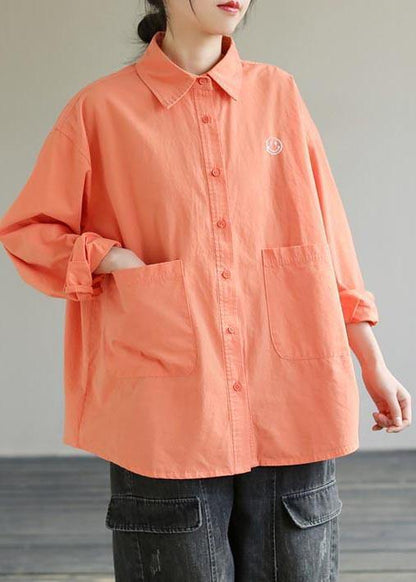 French Lapel Pockets Spring Clothes For Women Photography Orange Smiling Face Shirts