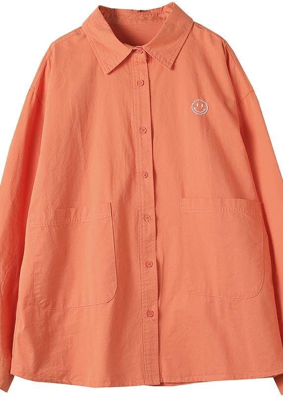 French Lapel Pockets Spring Clothes For Women Photography Orange Smiling Face Shirts