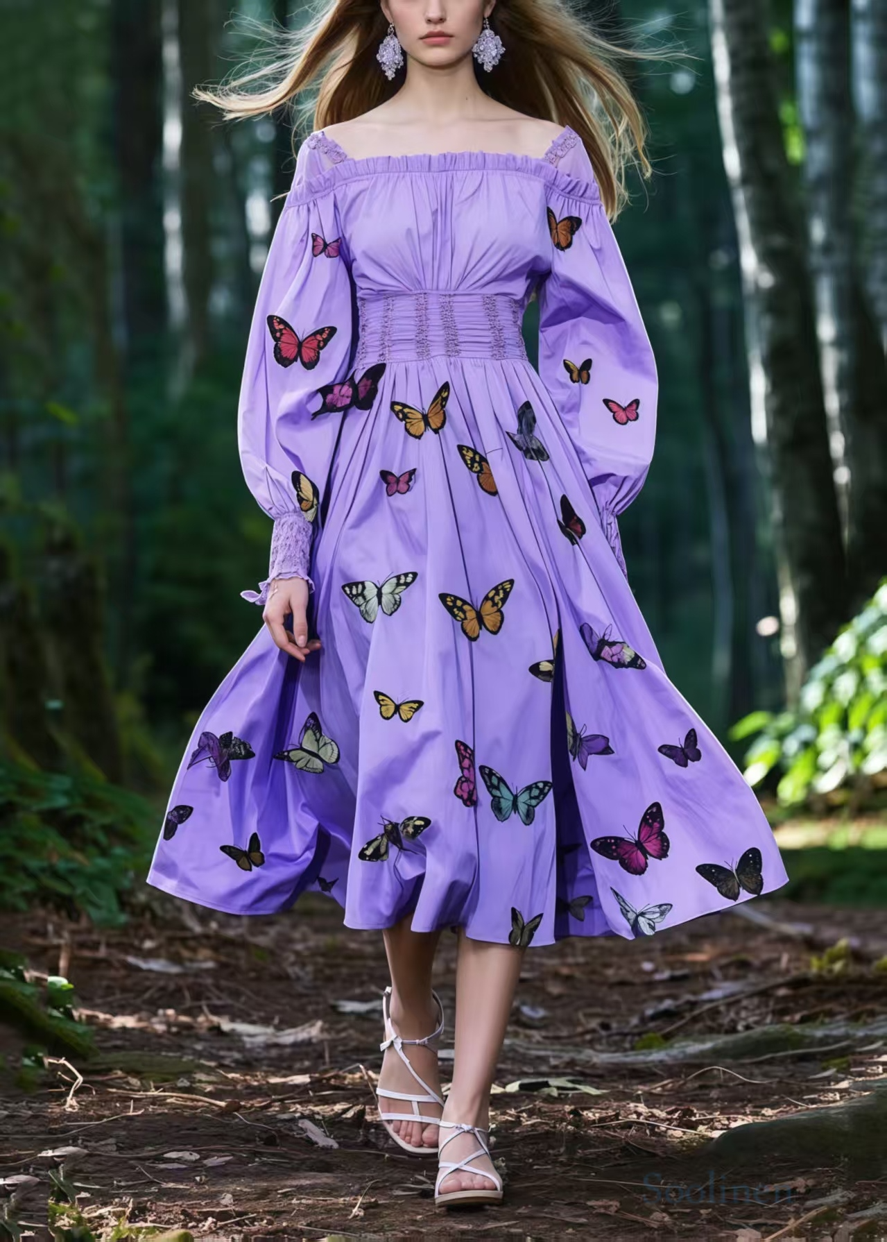 French Lavender Square Collar Butterfly Cotton Party Dresses Spring
