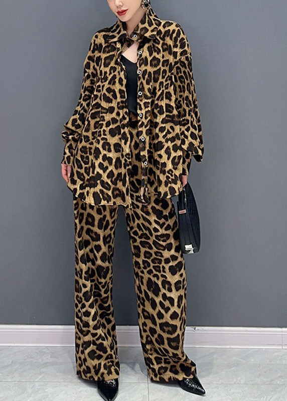 French Leopard Print Peter Pan Collar Shirts and Pants Two Piece Set Long Sleeve