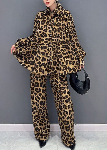 French Leopard Print Peter Pan Collar Shirts and Pants Two Piece Set Long Sleeve