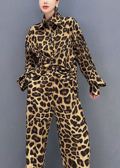 French Leopard Print Peter Pan Collar Shirts and Pants Two Piece Set Long Sleeve