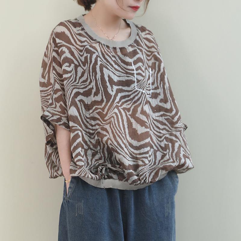 French Leopard Linen Tunic Top O Neck Batwing Sleeve Box Shirt