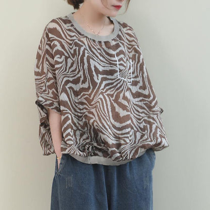 French Leopard Linen Tunic Top O Neck Batwing Sleeve Box Shirt