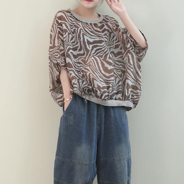 French Leopard Linen Tunic Top O Neck Batwing Sleeve Box Shirt