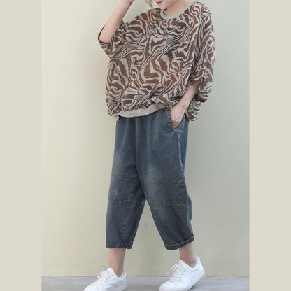 French Leopard Linen Tunic Top O Neck Batwing Sleeve Box Shirt