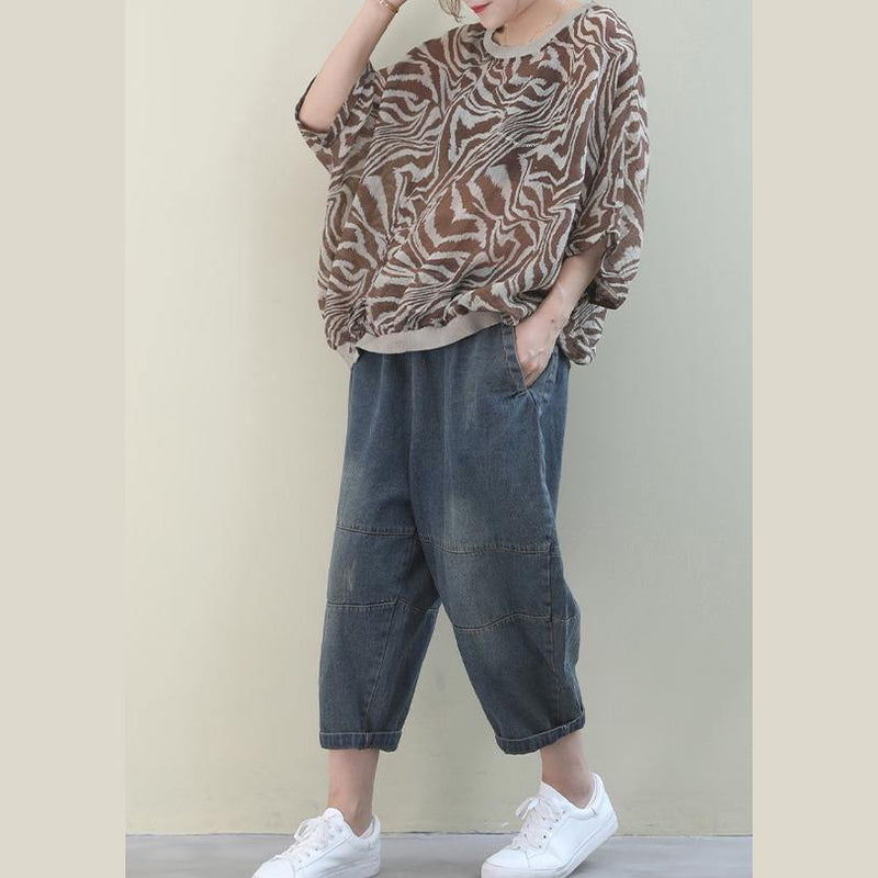 French Leopard Linen Tunic Top O Neck Batwing Sleeve Box Shirt