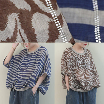 French Leopard Linen Tunic Top O Neck Batwing Sleeve Box Shirt