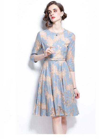 French Light Blue O-neck Embroideried Lace Cinch Dresses Bracelet Sleeve