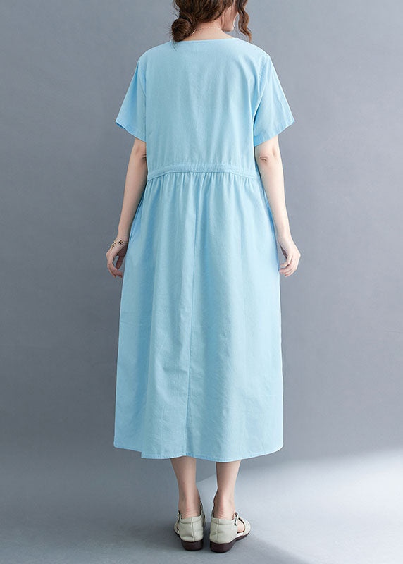 French Light Blue O-neck Print Drawstring Cotton Vacation Dress Short Sleeve