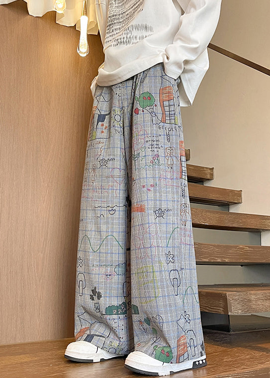 French Light Blue Print Pockets High Waist Cotton Pants Fall