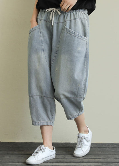 French Light Blue Pockets Elastic Waist Cotton Denim Pants Spring