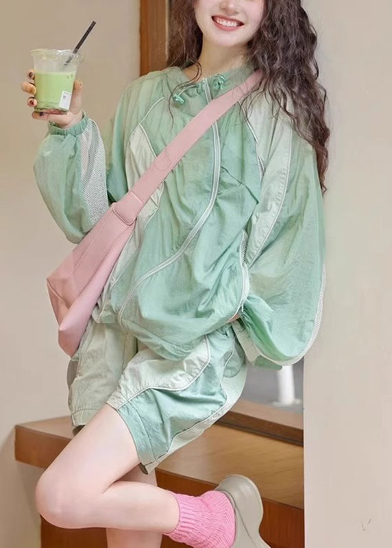 French Light Green Patchwork Shirts and Shorts Two Piece Set Summer