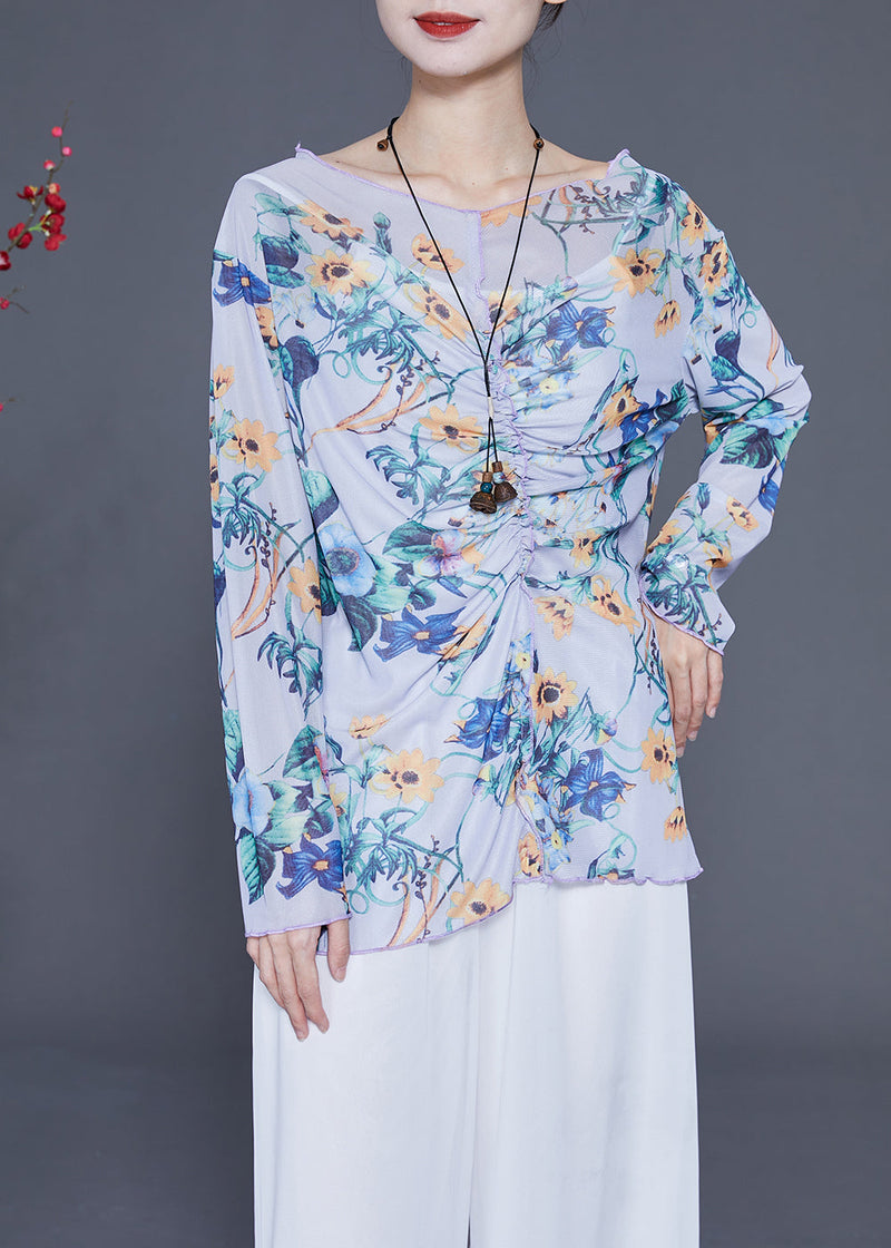French Light Purple Cinched Print Chiffon Upf 50+ Tops Summer
