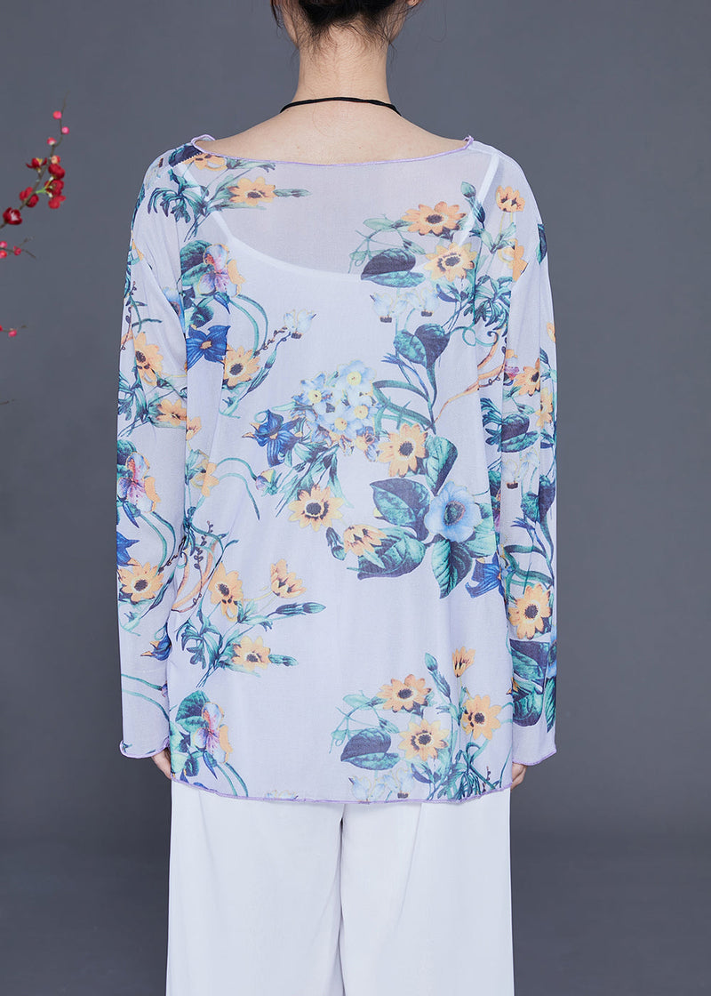 French Light Purple Cinched Print Chiffon Upf 50+ Tops Summer