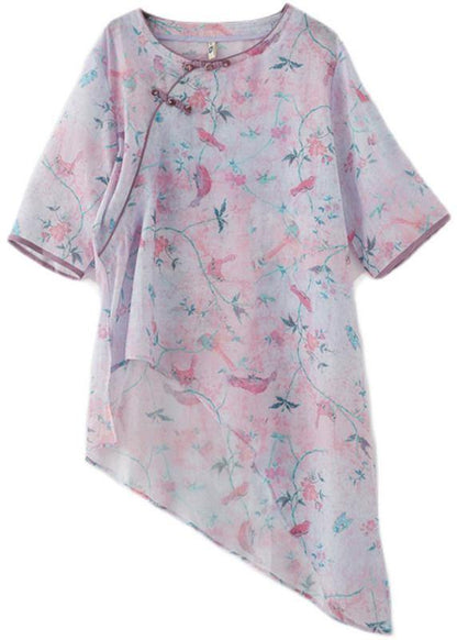 French Light Purple Print Oriental Asymmetrical Design Top Ramie Short Sleeve
