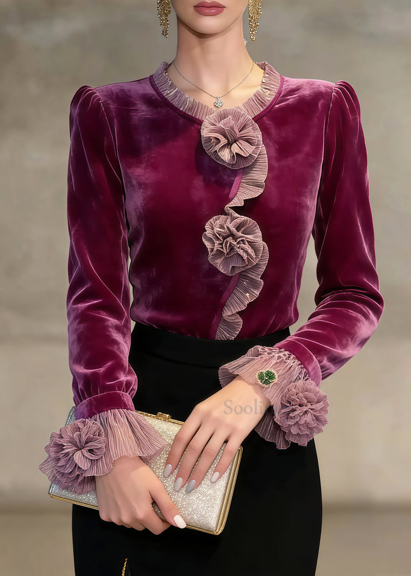 French Mulberry Flower Decorated Patchwork Silk Velour Tops Spring