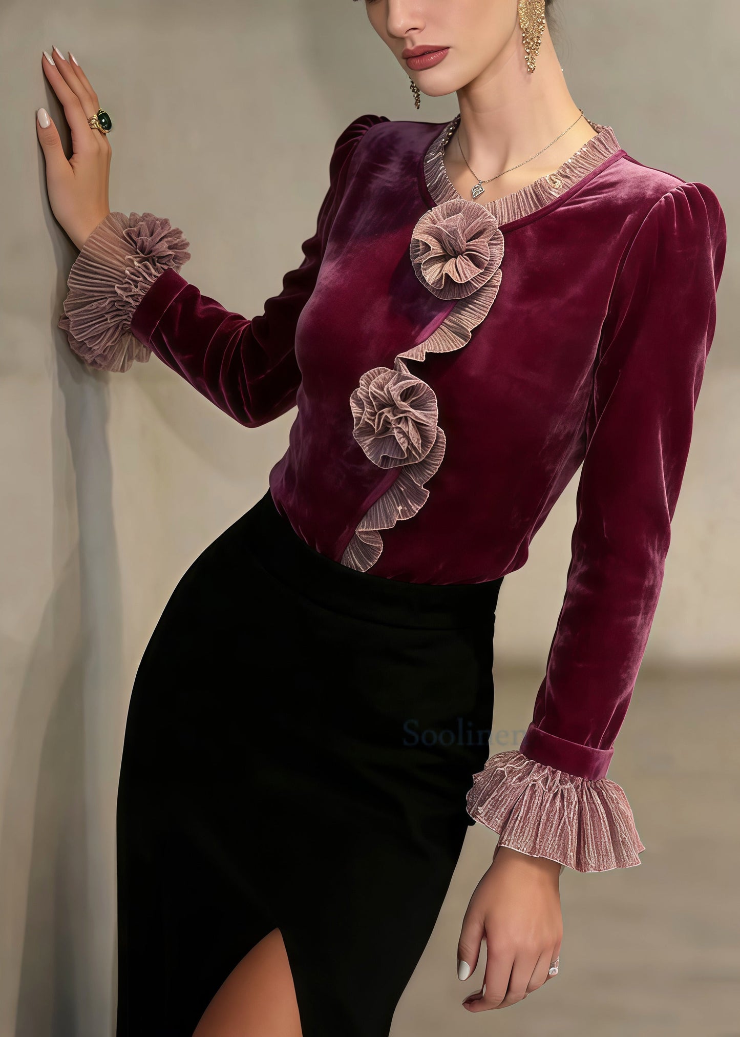 French Mulberry Flower Decorated Patchwork Silk Velour Tops Spring