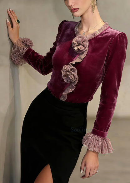 French Mulberry Flower Decorated Patchwork Silk Velour Tops Spring