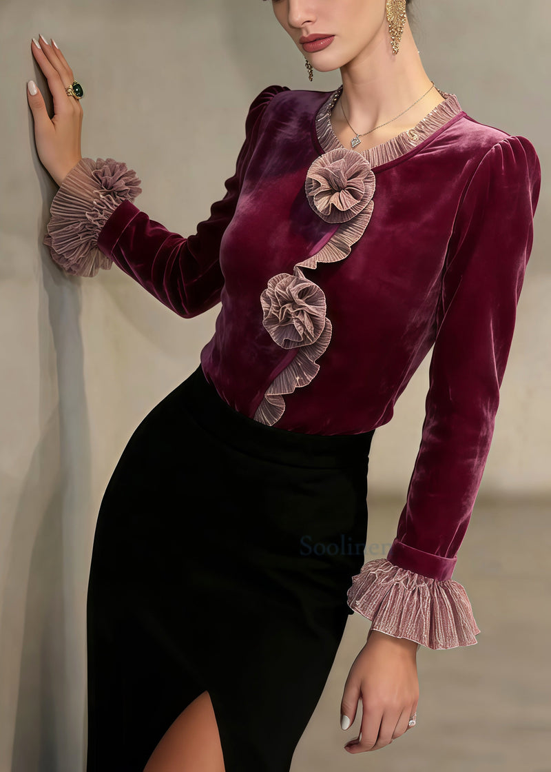 French Mulberry Flower Decorated Patchwork Silk Velour Tops Spring