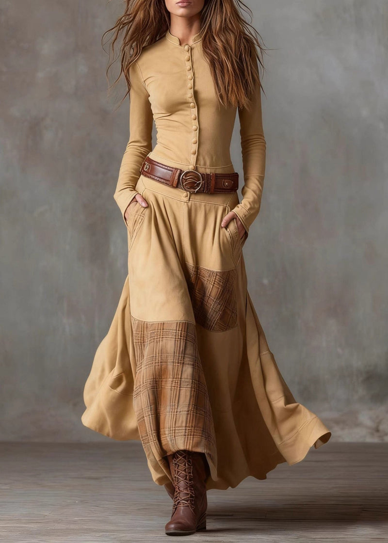 French Navy Button Pockets Plaid Patchwork Faux Suede Maxi Dresses Spring