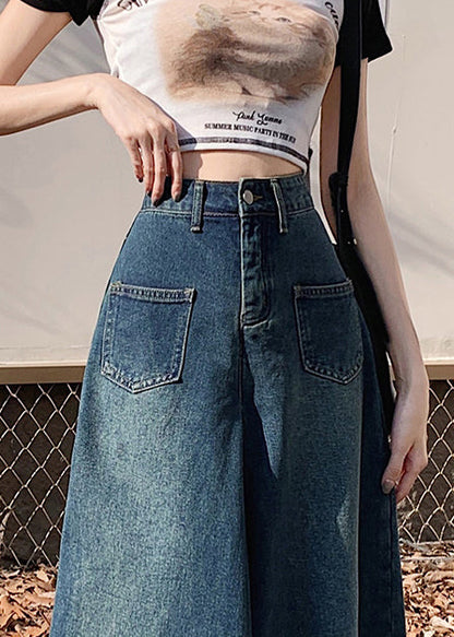 French Navy Denim Wide Leg Pants Tasseled Fall