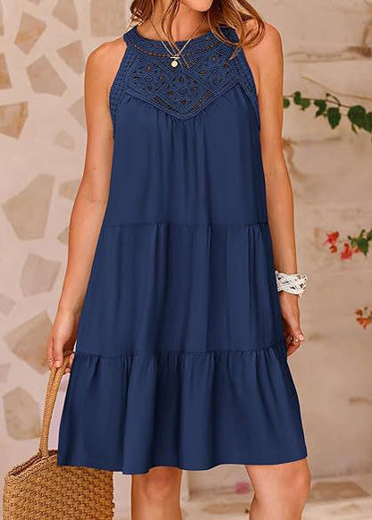 French Navy Hollow Out Cotton a Line Dress Sleeveless
