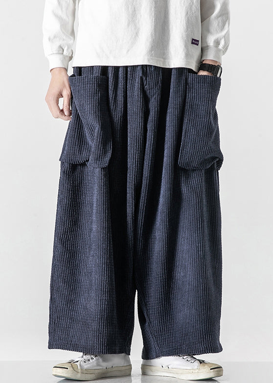 French Navy Lace Up Pockets Elastic Waist Corduroy Crop Pants