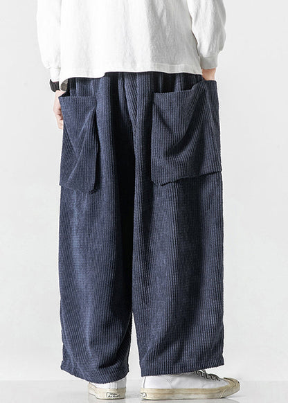 French Navy Lace Up Pockets Elastic Waist Corduroy Crop Pants
