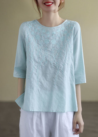 French Print4 O-neck Embroideried Cotton Blouses Half Sleeve