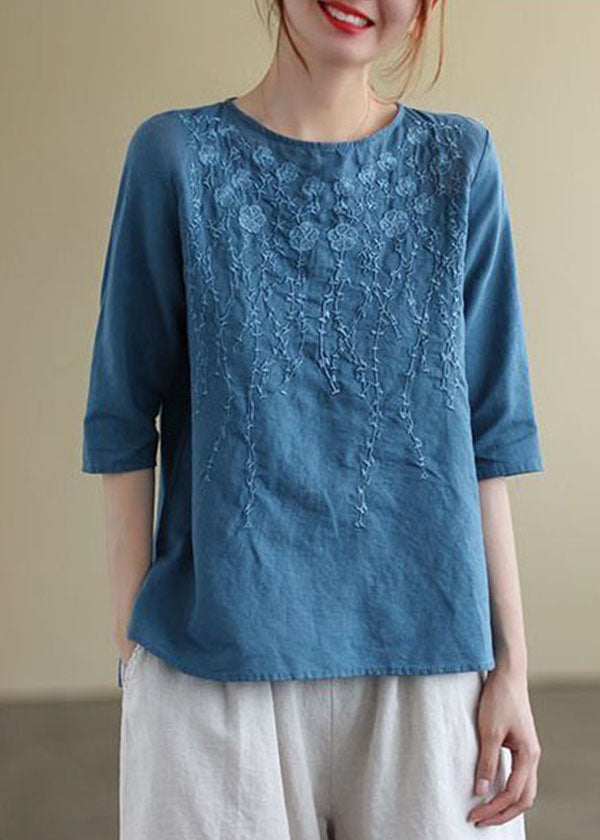 French Print4 O-neck Embroideried Cotton Blouses Half Sleeve