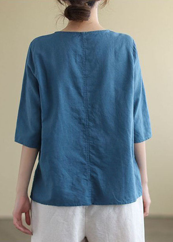 French Print5 O-neck Embroideried Cotton Blouses Half Sleeve