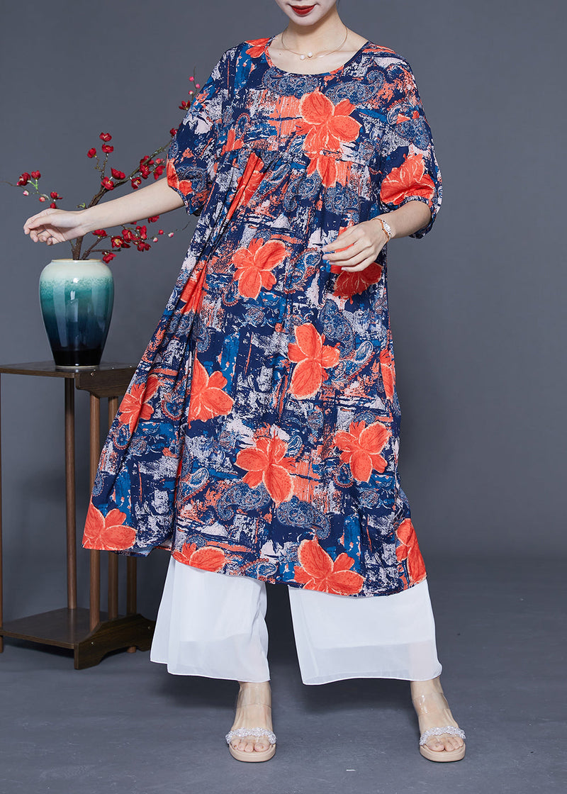 French Navy O-neck Print Silk Maxi Dress Summer