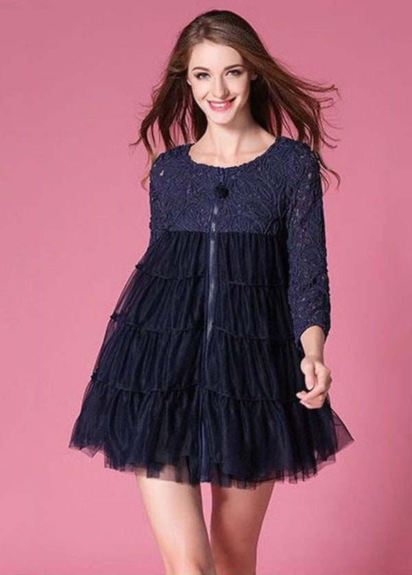 French Navy O-neck Lace Patchwork Hollow Out Tulle Coat Bracelet Sleeve