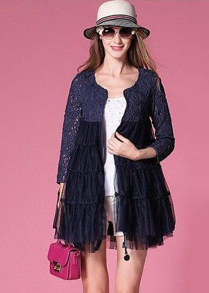French Navy O-neck Lace Patchwork Hollow Out Tulle Coat Bracelet Sleeve