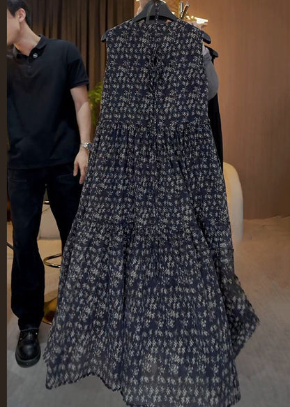 French Navy O Neck Print Button Cotton Long Dresses Sleeveless