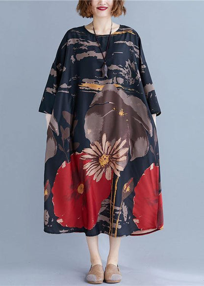 French Navy O-neck Print Summer Loose Dresses Half Sleeve