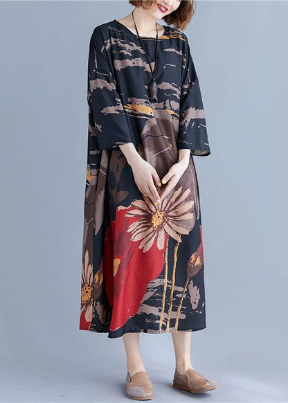 French Navy O-neck Print Summer Loose Dresses Half Sleeve
