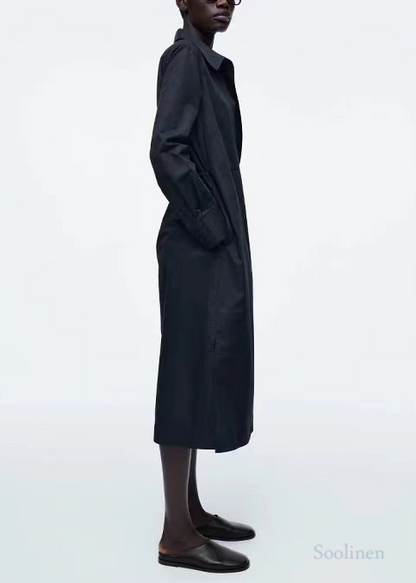 French Navy Oversized Double Breast Cotton Shirt Dresses Fall