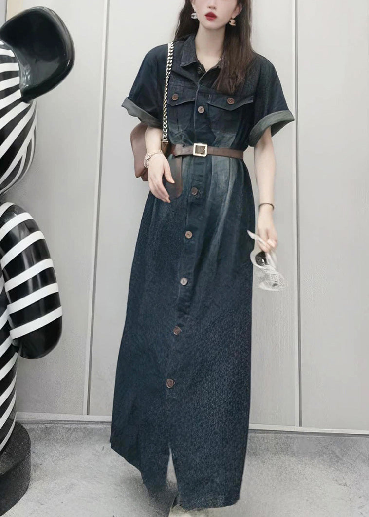 French Navy Peter Pan Collar Patchwork Button Denim Maxi Dress Summer