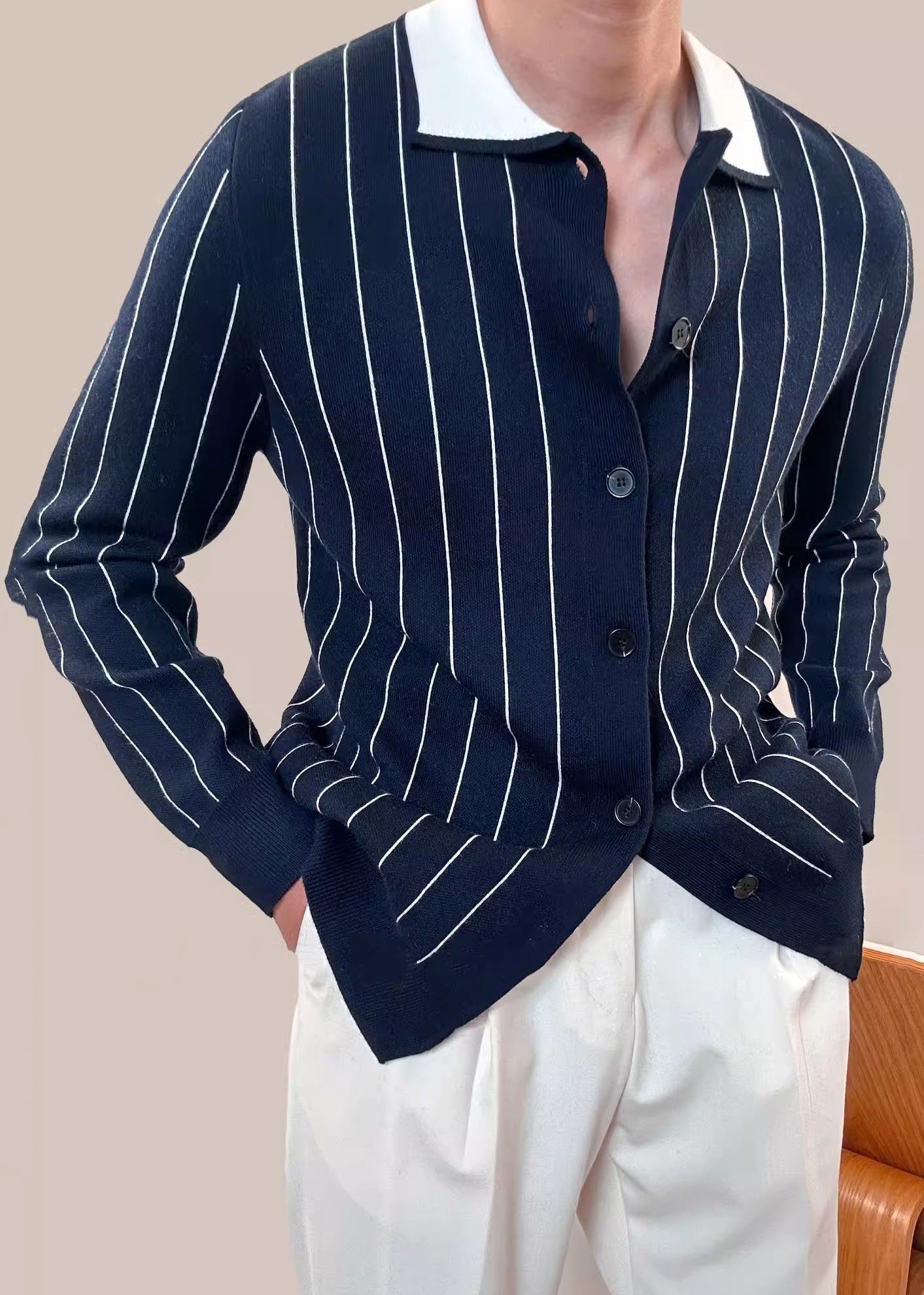 French Navy Peter Pan Collar Striped Button Knit Cardigan Winter