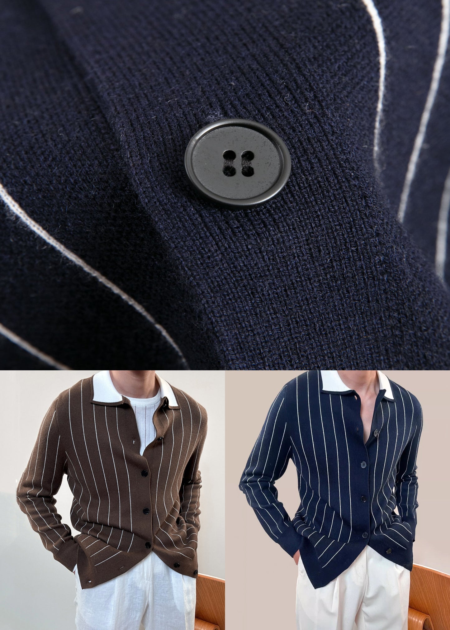 French Navy Peter Pan Collar Striped Button Knit Cardigan Winter