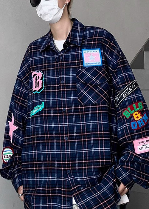 French Navy Plaid Pockets Cotton Shirt Spring
