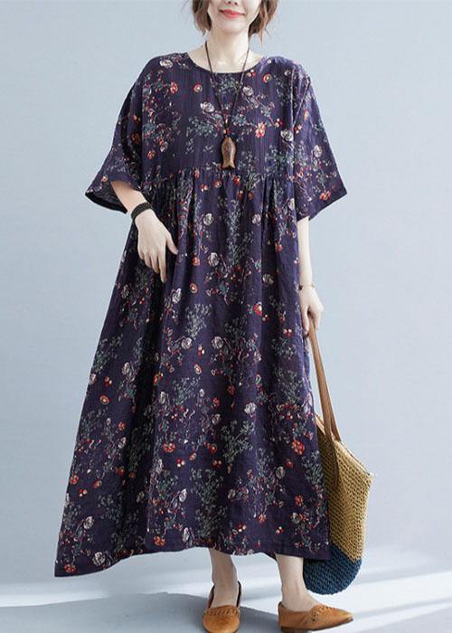 French Navy Print Pockets Loose Summer Half Sleeve Long Dress